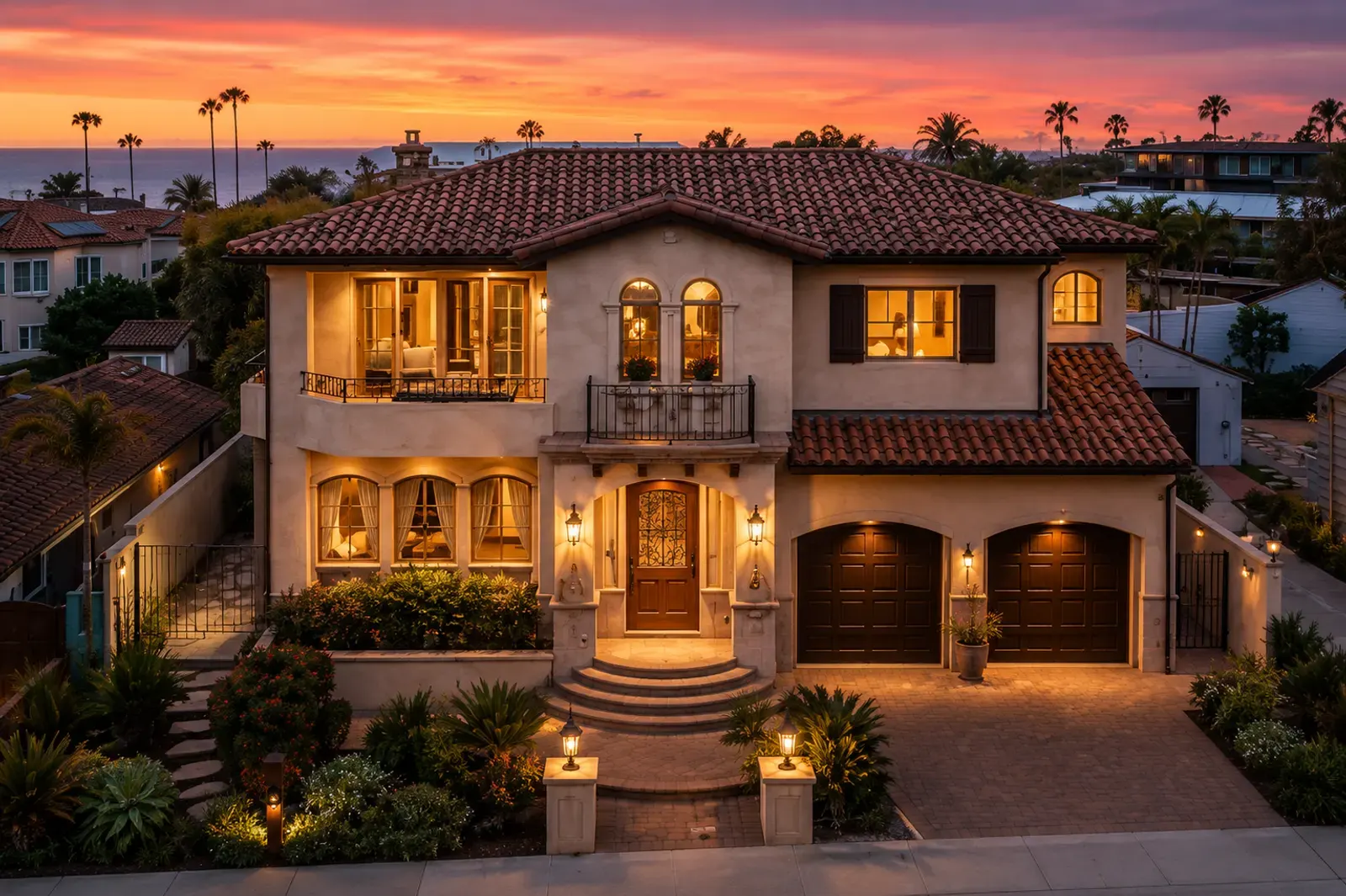 Spanish-style Southern California home framed by palms, glowing at ocean sunset