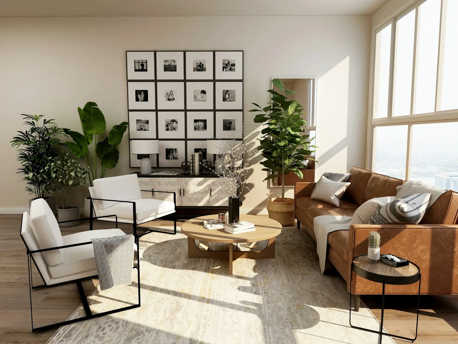Sunlit modern living room with a black-and-white gallery wall inside a Southern California home
